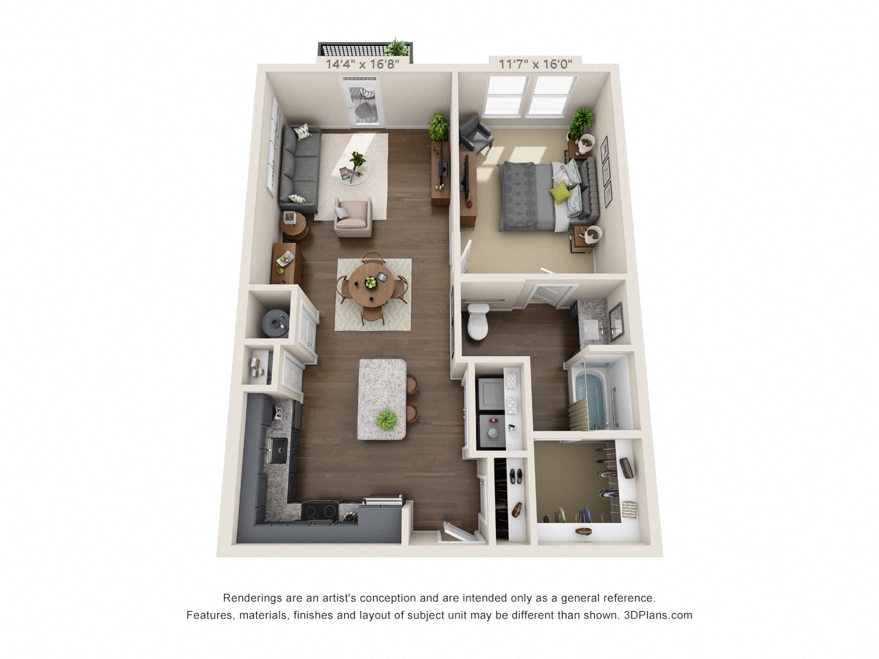 Floor plan for 1 bed, 1 bath, 855 sqft